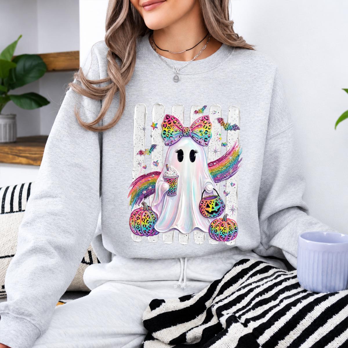 Rainbow Ghost Leopard Bow Sweatshirt Spooky Season Fall Halloween Women Cute Girly