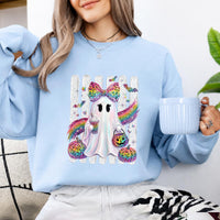 Rainbow Ghost Leopard Bow Sweatshirt Spooky Season Fall Halloween Women Cute Girly