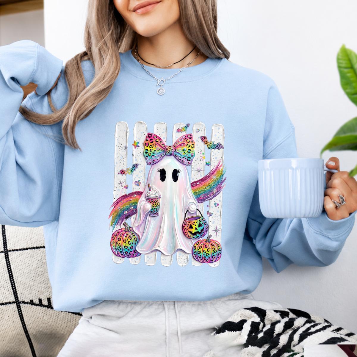 Rainbow Ghost Leopard Bow Sweatshirt Spooky Season Fall Halloween Women Cute Girly