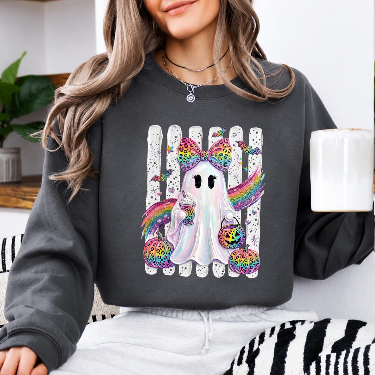 Rainbow Ghost Leopard Bow Sweatshirt Spooky Season Fall Halloween Women Cute Girly