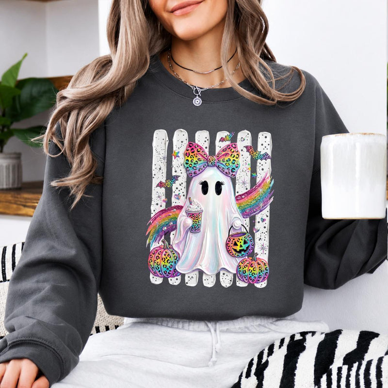 Rainbow Ghost Leopard Bow Sweatshirt Spooky Season Fall Halloween Women Cute Girly
