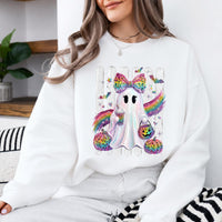 Rainbow Ghost Leopard Bow Sweatshirt Spooky Season Fall Halloween Women Cute Girly