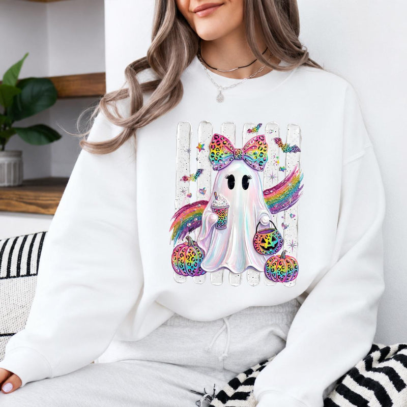 Rainbow Ghost Leopard Bow Sweatshirt Spooky Season Fall Halloween Women Cute Girly
