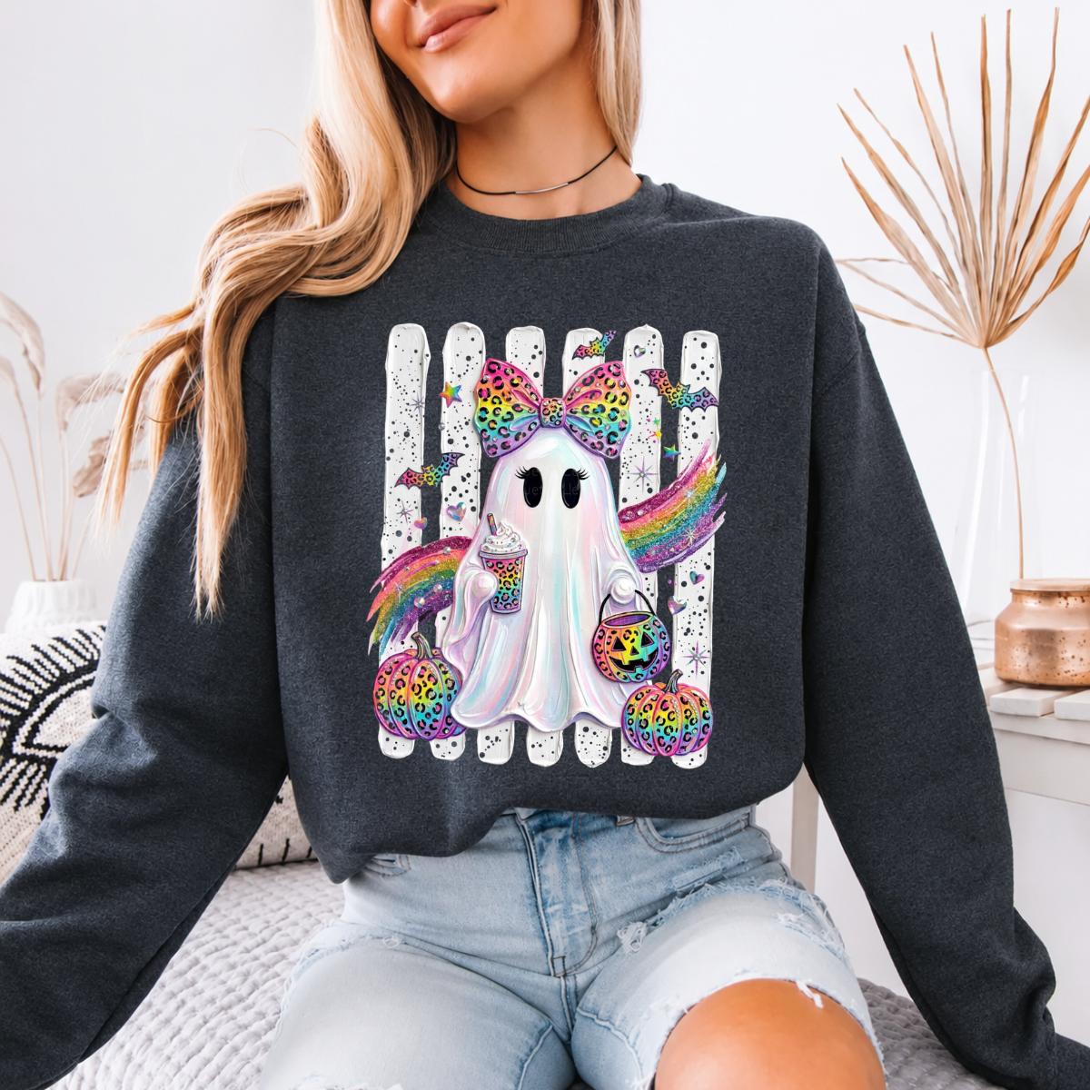 Rainbow Ghost Leopard Bow Sweatshirt Spooky Season Fall Halloween Women Cute Girly