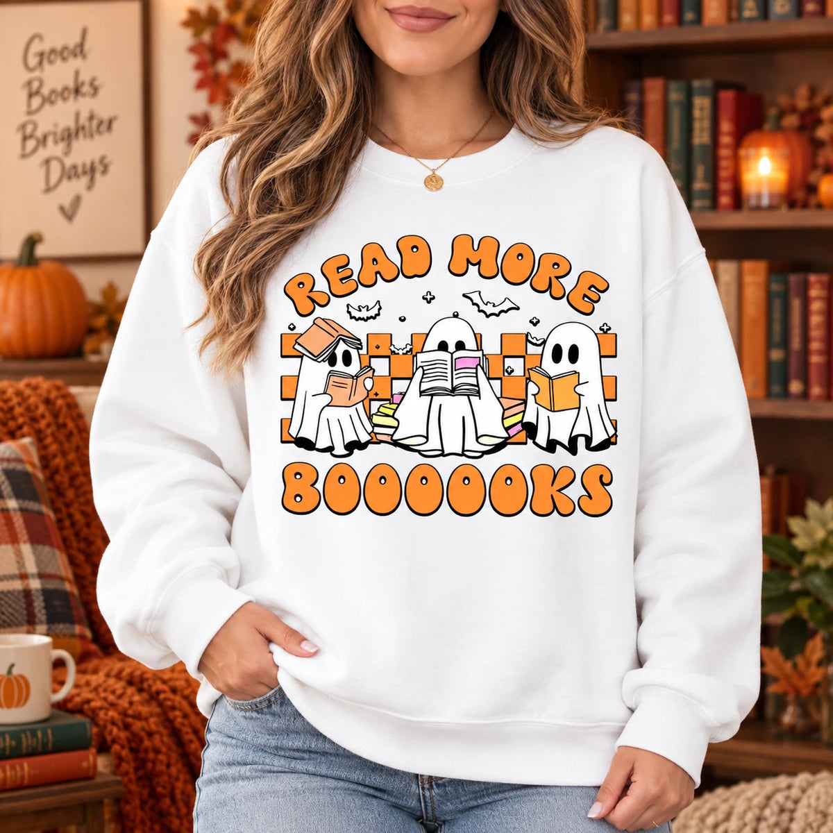 Read More Booooooks Shirt Cute Ghost Book Lover Graphic Sweatshirt Retro Halloween Fall Reading Apparel
