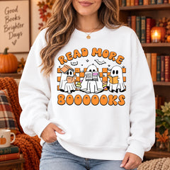 Read More Booooooks Shirt Cute Ghost Book Lover Graphic Sweatshirt Retro Halloween Fall Reading Apparel
