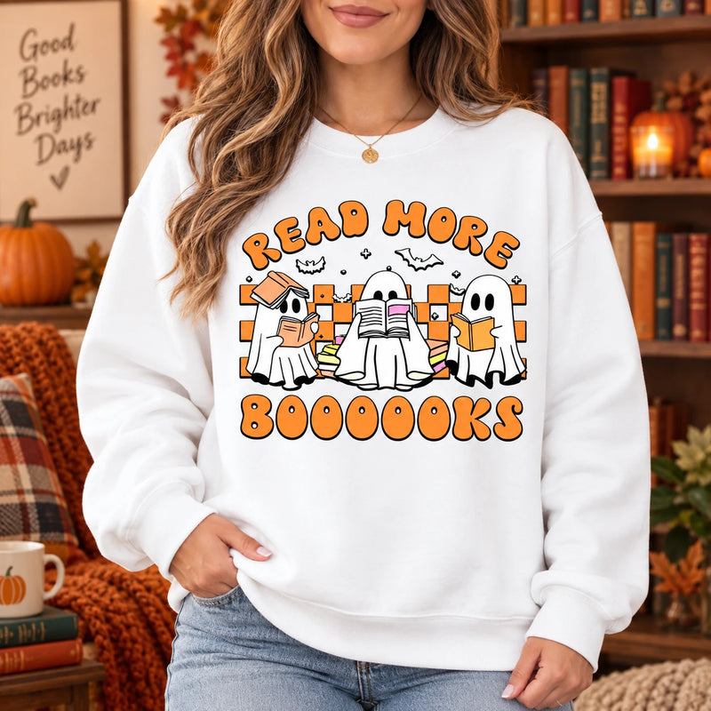 Read More Booooooks Shirt Cute Ghost Book Lover Graphic Sweatshirt Retro Halloween Fall Reading Apparel