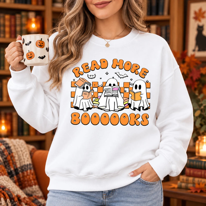 Read More Booooooks Shirt Cute Ghost Book Lover Graphic Sweatshirt Retro Halloween Fall Reading Apparel