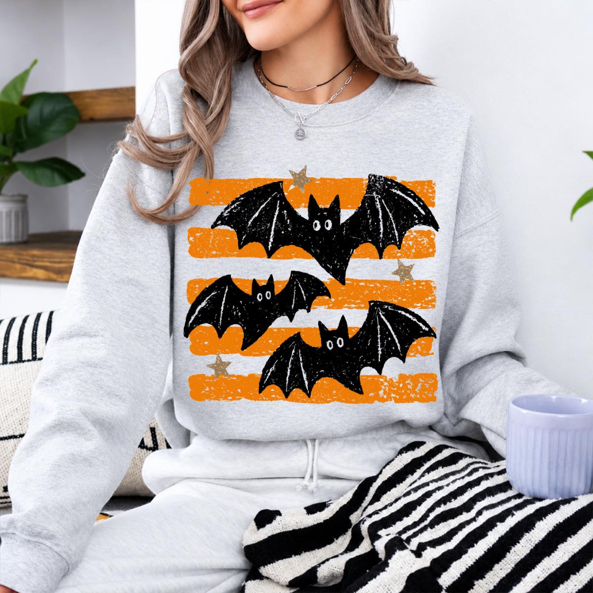 Retro Bat Halloween Flying Bats Sweatshirt and T-Shirt Spooky Season Unisex Vintage Distressed