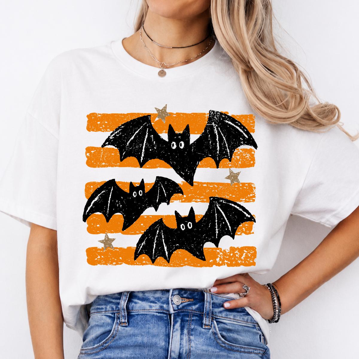 Retro Bat Halloween Flying Bats Sweatshirt and T-Shirt Spooky Season Unisex Vintage Distressed
