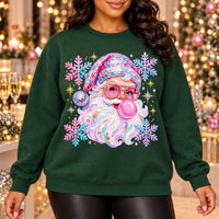 Retro Disco Santa Sweatshirt, Pink Bubblegum Portrait, Colorful Snowflakes, Women's Christmas Party Style