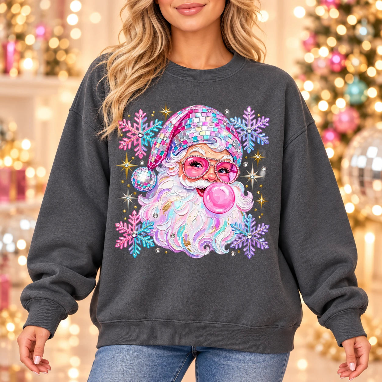 Retro Disco Santa Sweatshirt, Pink Bubblegum Portrait, Colorful Snowflakes, Women's Christmas Party Style