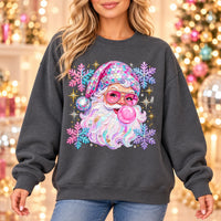 Retro Disco Santa Sweatshirt, Pink Bubblegum Portrait, Colorful Snowflakes, Women's Christmas Party Style