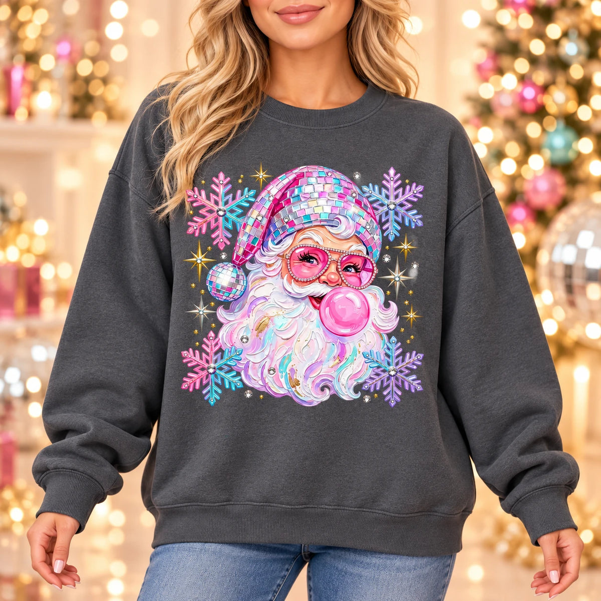Retro Disco Santa Sweatshirt, Pink Bubblegum Portrait, Colorful Snowflakes, Women's Christmas Party Style