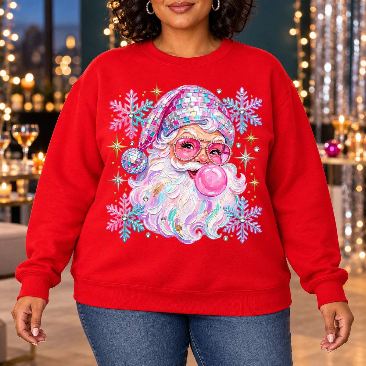 Retro Disco Santa Sweatshirt, Pink Bubblegum Portrait, Colorful Snowflakes, Women's Christmas Party Style