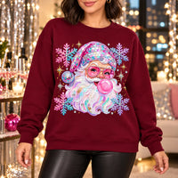 Retro Disco Santa Sweatshirt, Pink Bubblegum Portrait, Colorful Snowflakes, Women's Christmas Party Style