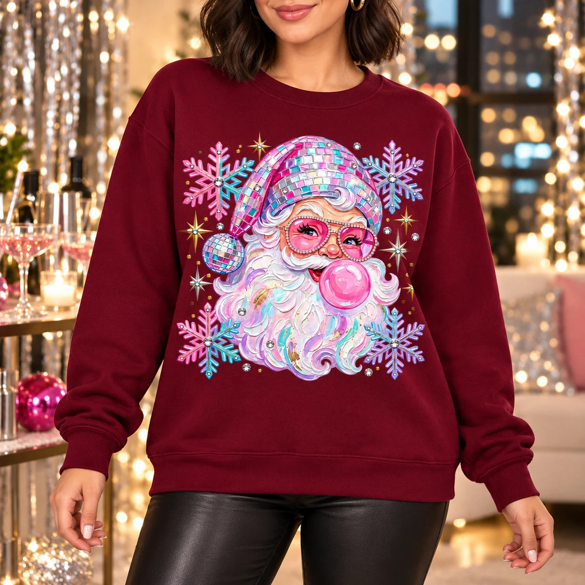 Retro Disco Santa Sweatshirt, Pink Bubblegum Portrait, Colorful Snowflakes, Women's Christmas Party Style