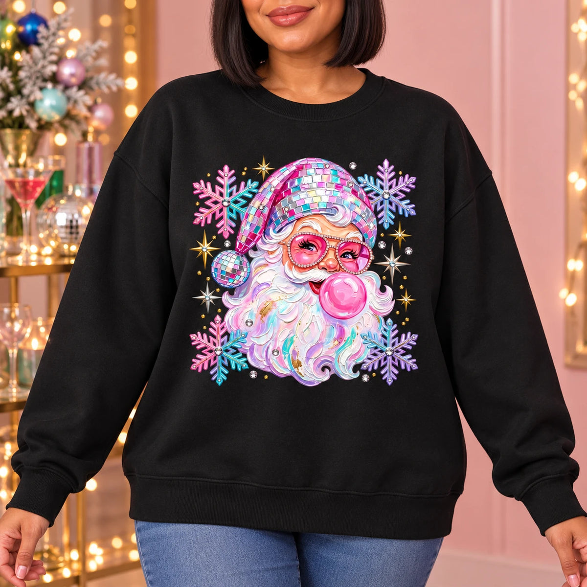 Retro Disco Santa Sweatshirt, Pink Bubblegum Portrait, Colorful Snowflakes, Women's Christmas Party Style