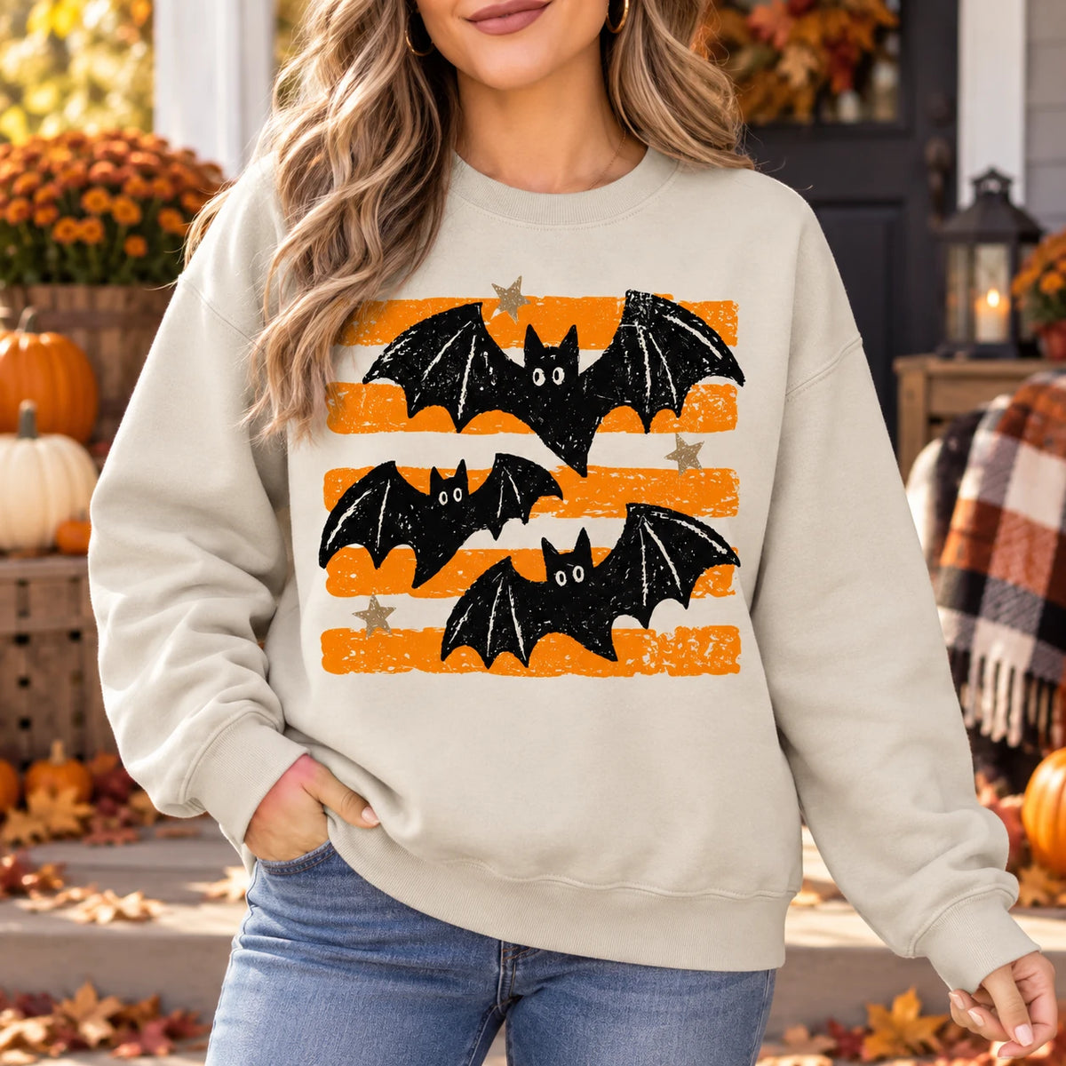 Retro Flying Bats Halloween Shirt Distressed Orange Stripe Graphic Spooky Season Sweatshirt Unisex Fall Top