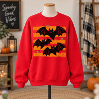 Retro Flying Bats Halloween Shirt Distressed Orange Stripe Graphic Spooky Season Sweatshirt Unisex Fall Top