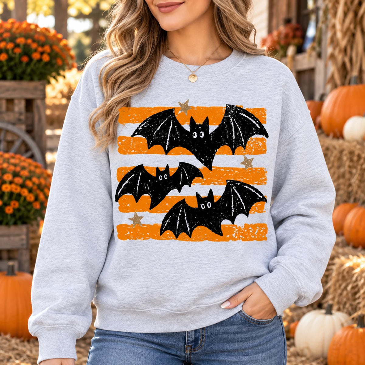 Retro Flying Bats Halloween Shirt Distressed Orange Stripe Graphic Spooky Season Sweatshirt Unisex Fall Top