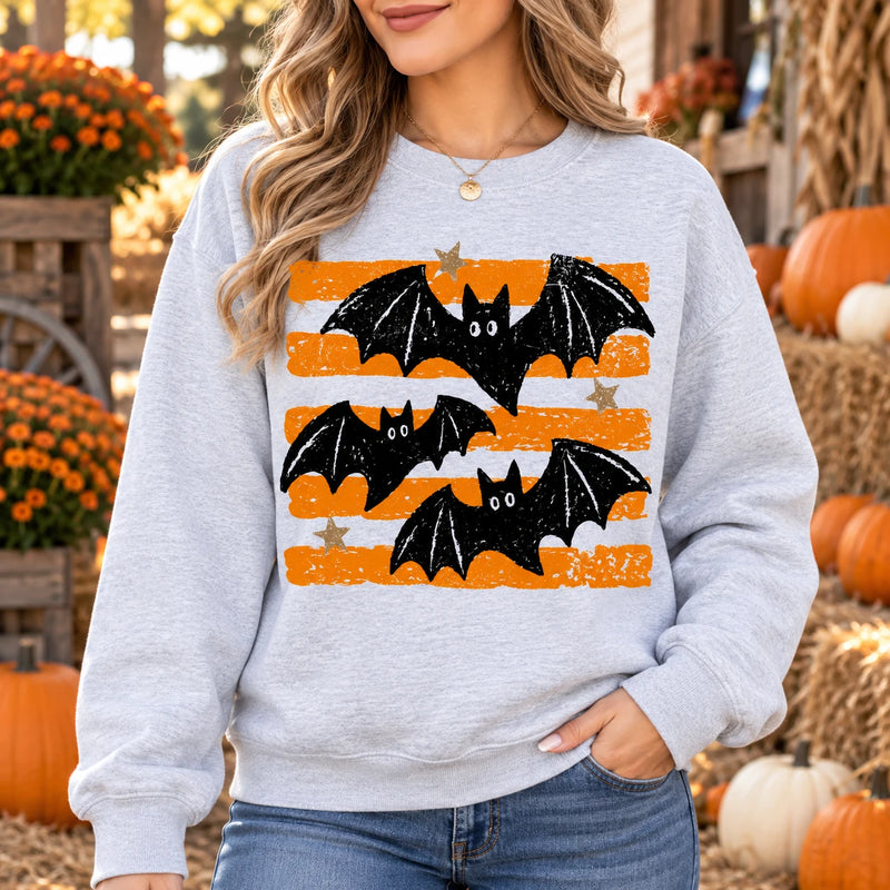 Retro Flying Bats Halloween Shirt Distressed Orange Stripe Graphic Spooky Season Sweatshirt Unisex Fall Top