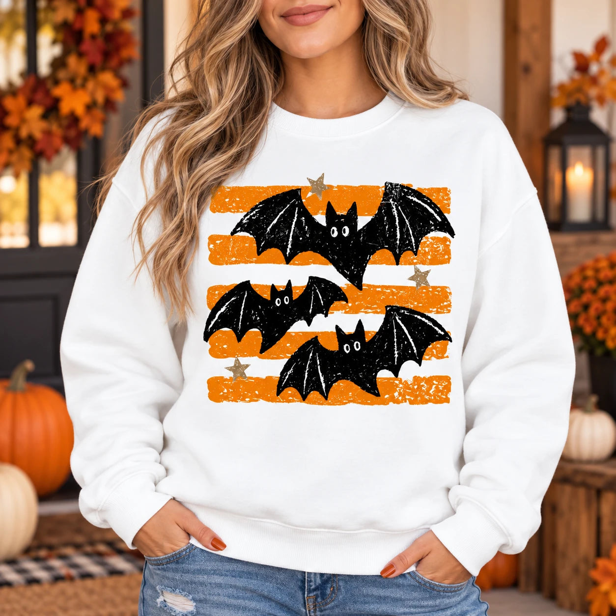 Retro Flying Bats Halloween Shirt Distressed Orange Stripe Graphic Spooky Season Sweatshirt Unisex Fall Top