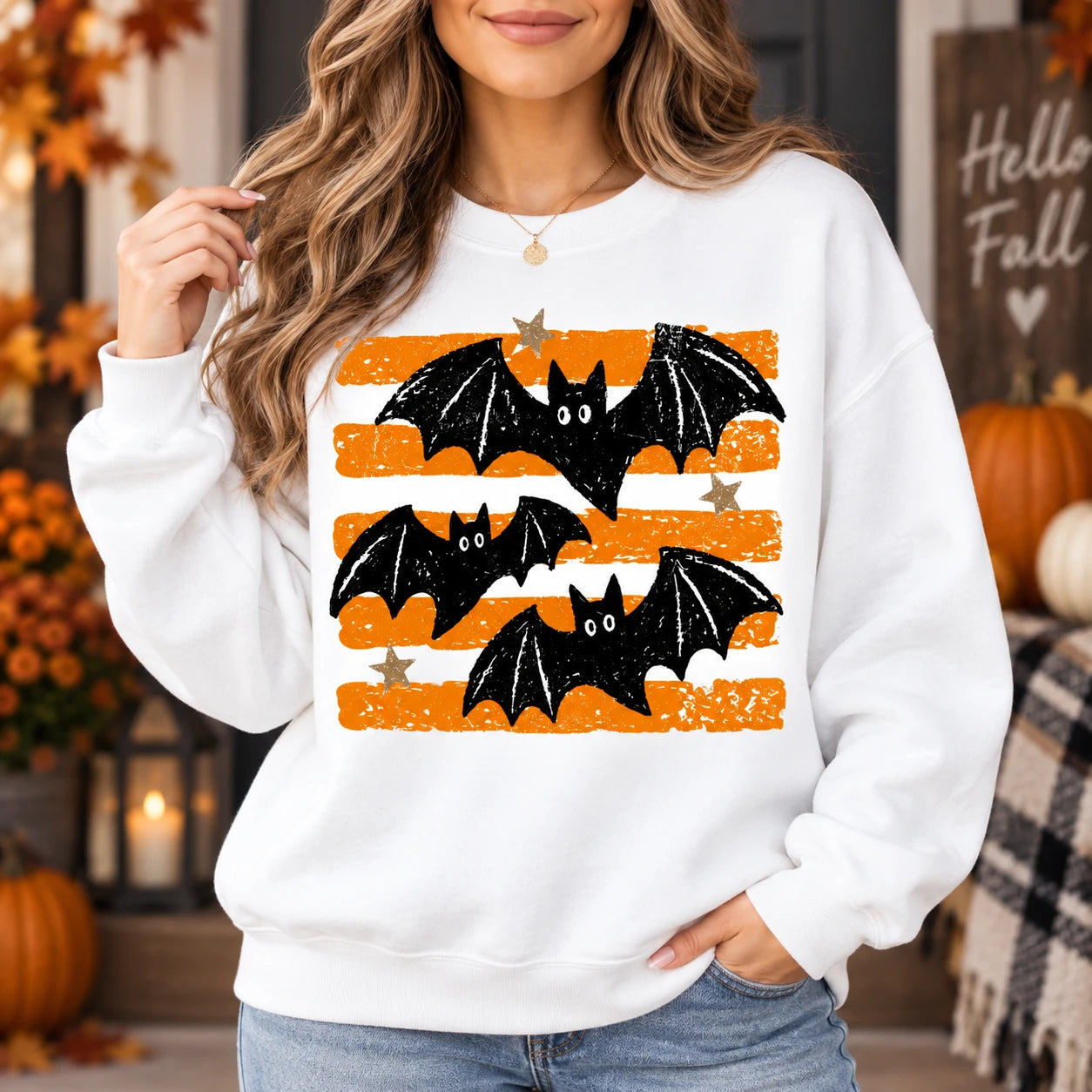 Retro Flying Bats Halloween Shirt Distressed Orange Stripe Graphic Spooky Season Sweatshirt Unisex Fall Top