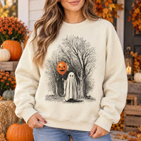 Retro Ghost with Pumpkin Balloon Graphic Apparel, Vintage Spooky Forest Fall Season Tops, Cute Autumn Casual Sweatshirt & Tee