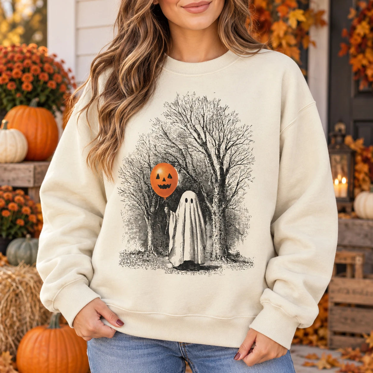 Retro Ghost with Pumpkin Balloon Graphic Apparel, Vintage Spooky Forest Fall Season Tops, Cute Autumn Casual Sweatshirt & Tee