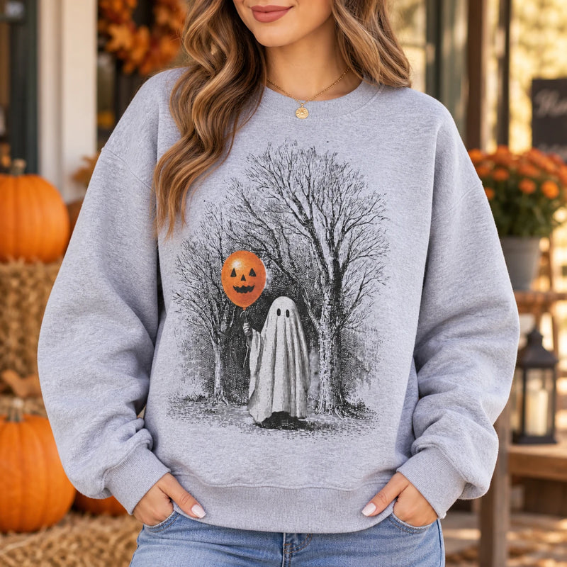 Retro Ghost with Pumpkin Balloon Graphic Apparel, Vintage Spooky Forest Fall Season Tops, Cute Autumn Casual Sweatshirt & Tee