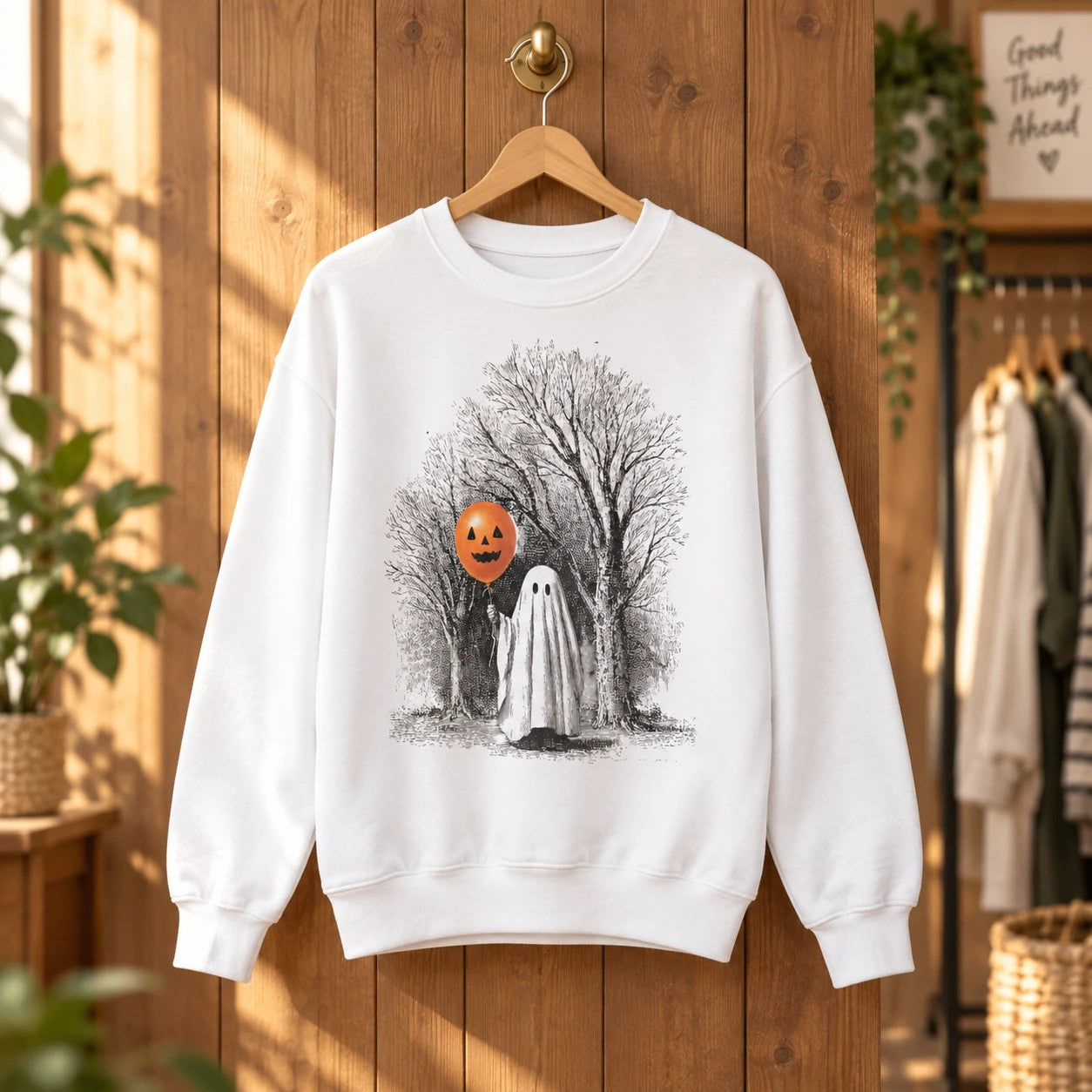 Retro Ghost with Pumpkin Balloon Graphic Apparel, Vintage Spooky Forest Fall Season Tops, Cute Autumn Casual Sweatshirt & Tee