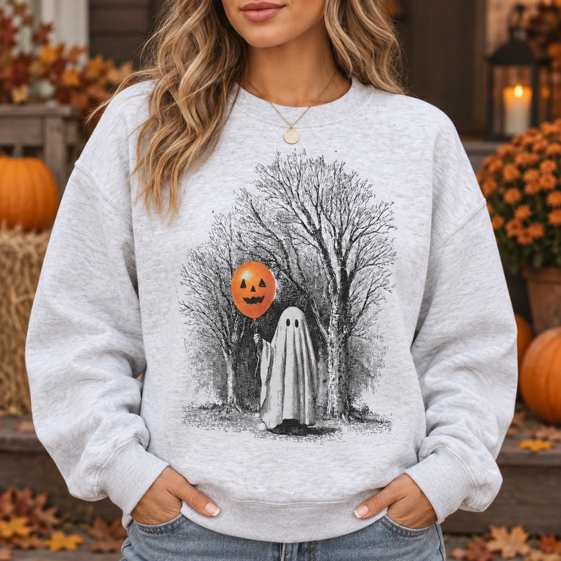 Retro Ghost with Pumpkin Balloon Graphic Apparel, Vintage Spooky Forest Fall Season Tops, Cute Autumn Casual Sweatshirt & Tee