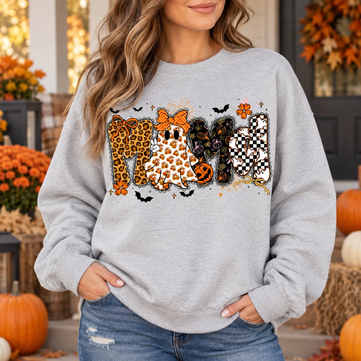 Retro Halloween Mama Sweatshirt Cute Ghost Leopard Print Crewneck Cozy Fall Graphic Pullover