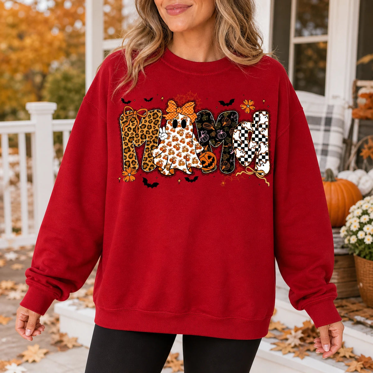 Retro Halloween Mama Sweatshirt Cute Ghost Leopard Print Crewneck Cozy Fall Graphic Pullover