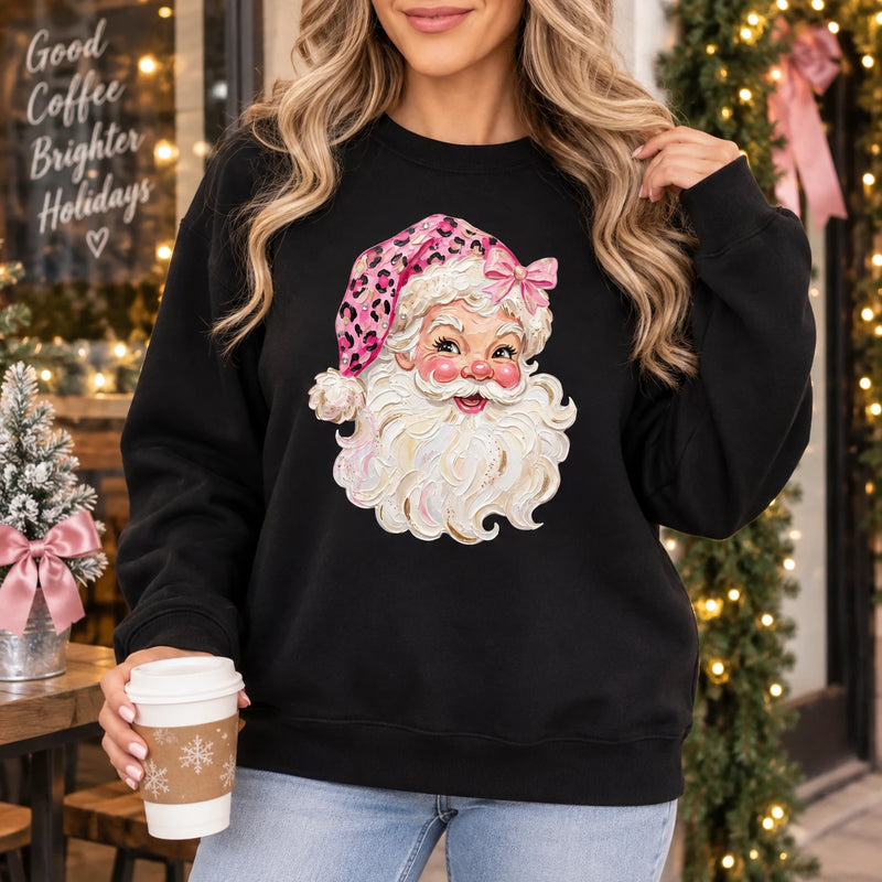 Retro Pink Santa Sweatshirt Leopard Face Graphic Christmas Crewneck Holiday Pullover for Women