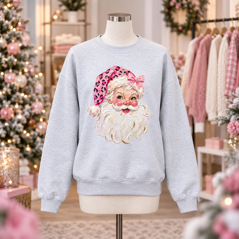 Retro Pink Santa Sweatshirt Leopard Face Graphic Christmas Crewneck Holiday Pullover for Women