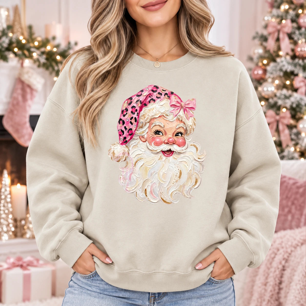 Retro Pink Santa Sweatshirt Leopard Face Graphic Christmas Crewneck Holiday Pullover for Women