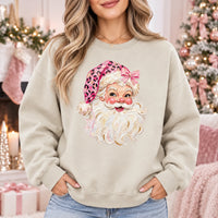 Retro Pink Santa Sweatshirt Leopard Face Graphic Christmas Crewneck Holiday Pullover for Women