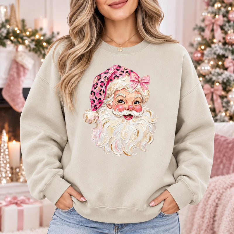 Retro Pink Santa Sweatshirt Leopard Face Graphic Christmas Crewneck Holiday Pullover for Women