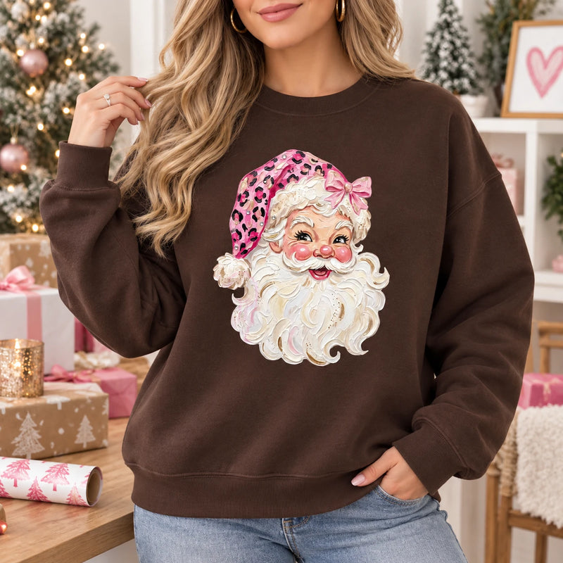 Retro Pink Santa Sweatshirt Leopard Face Graphic Christmas Crewneck Holiday Pullover for Women