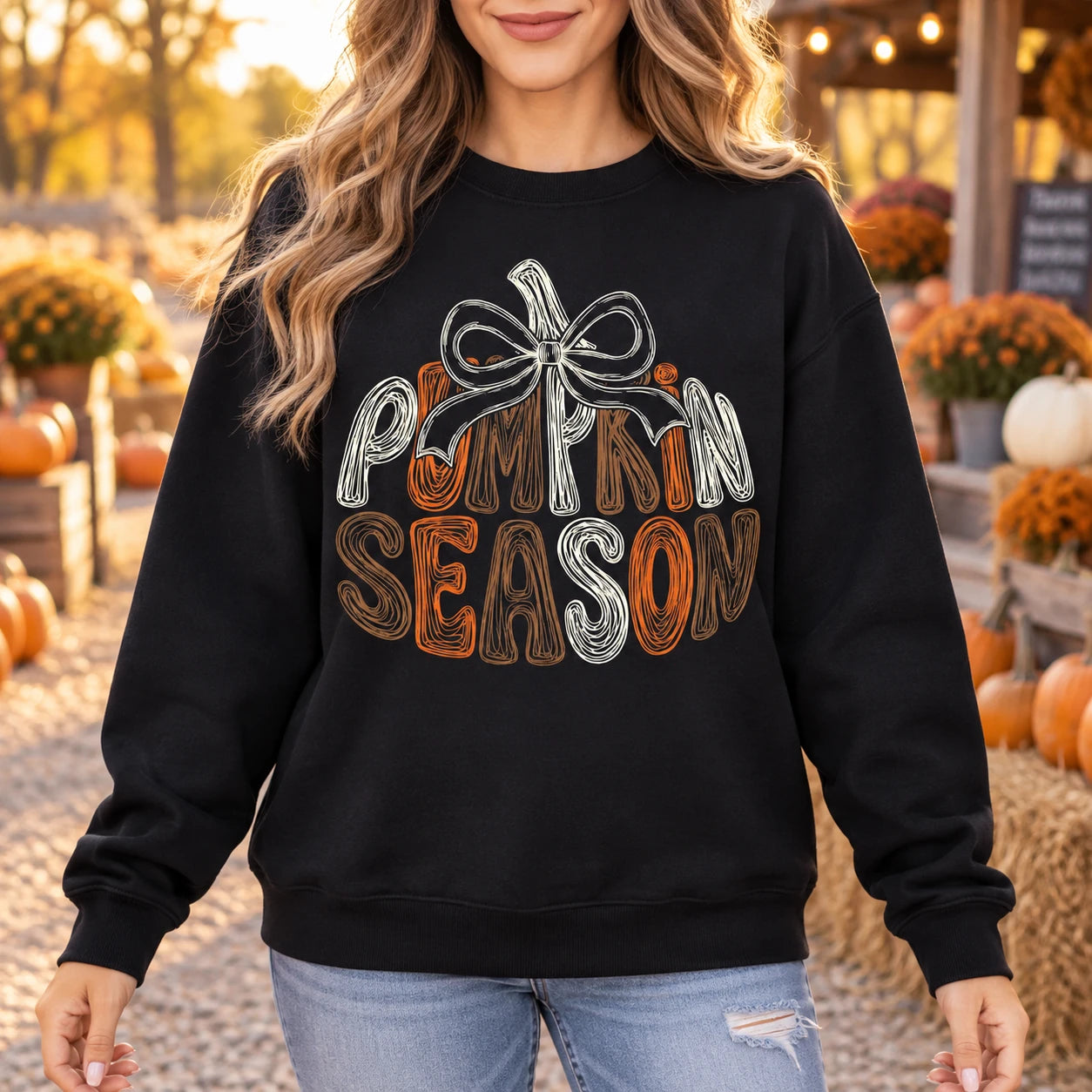 Retro Pumpkin Season Bow Sweatshirt Vintage Autumn Harvest Graphic Crewneck Cute Thanksgiving Outfit for Women