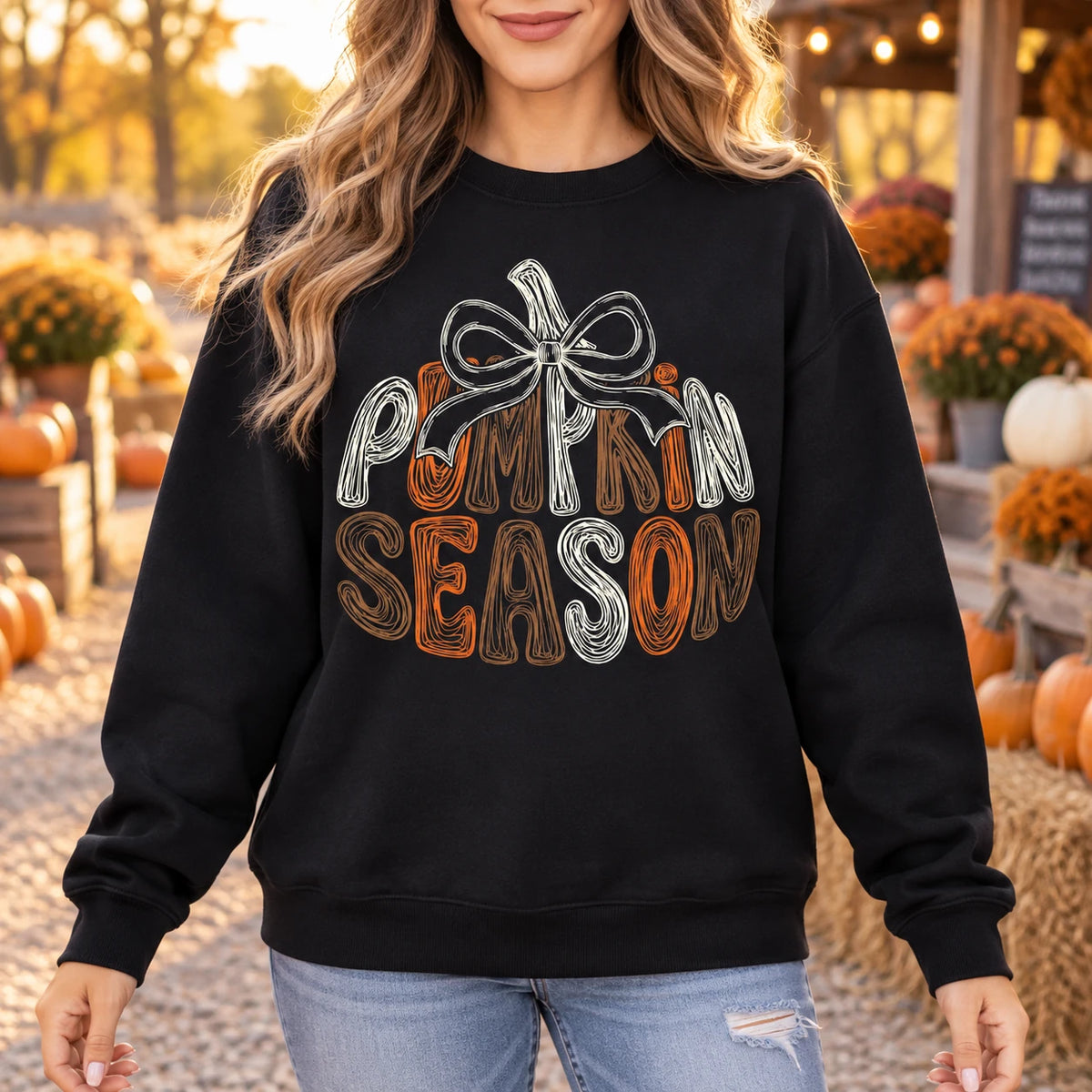 Retro Pumpkin Season Bow Sweatshirt Vintage Autumn Harvest Graphic Crewneck Cute Thanksgiving Outfit for Women