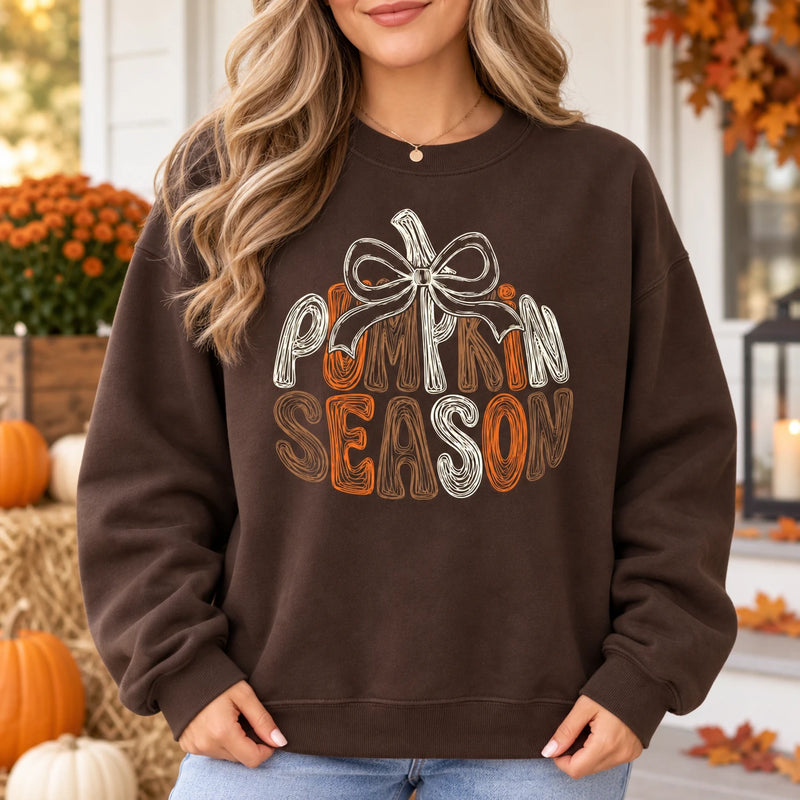 Retro Pumpkin Season Bow Sweatshirt Vintage Autumn Harvest Graphic Crewneck Cute Thanksgiving Outfit for Women