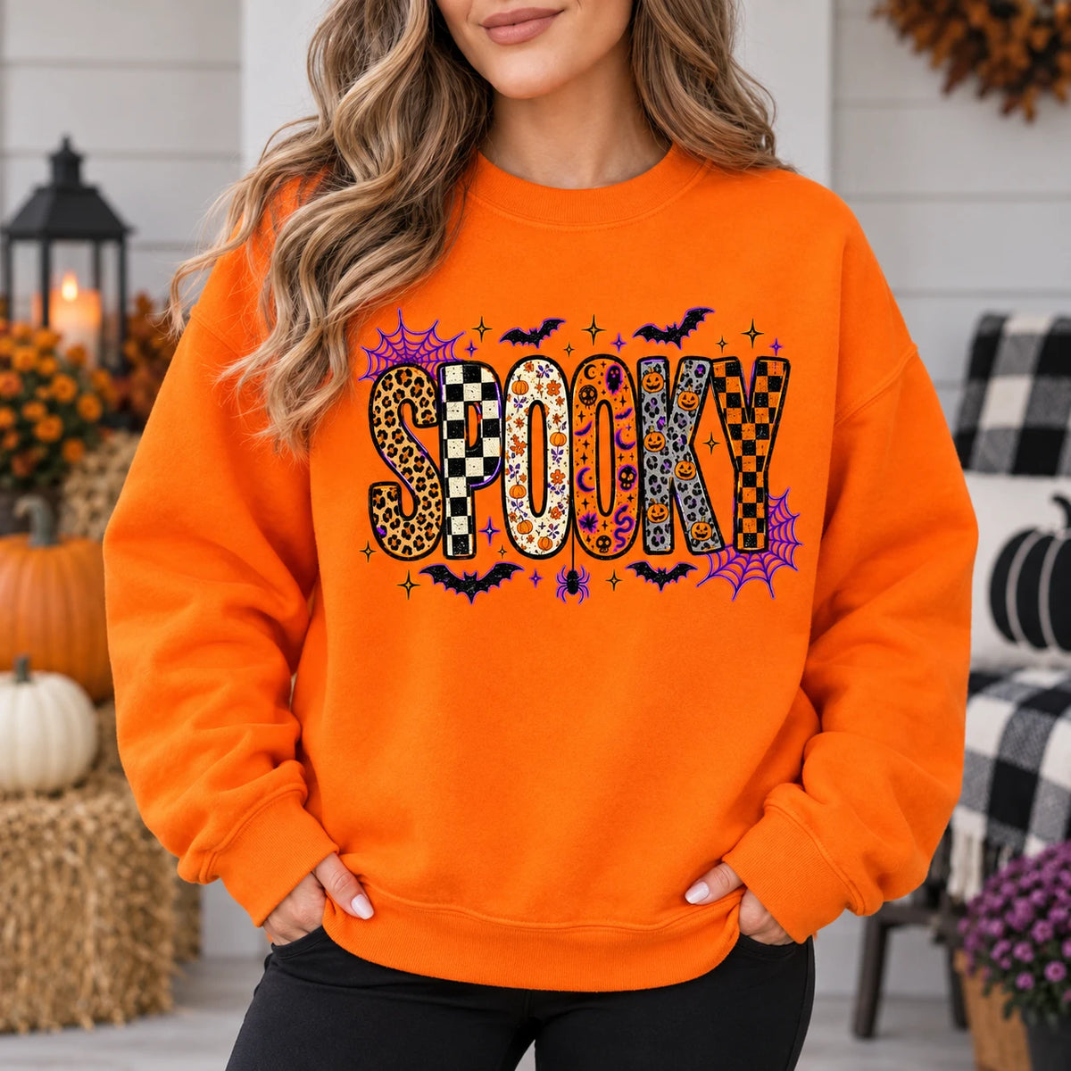 Retro Spooky Season Sweatshirt, Cute Leopard Plaid Pumpkin, Fall Halloween Graphic Gift for Women