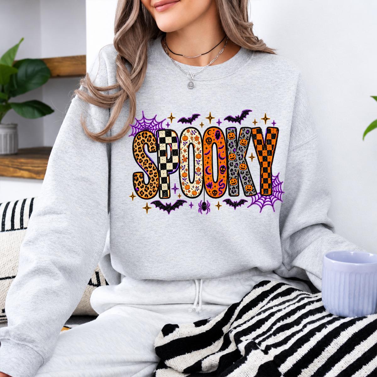 Retro Spooky Season Sweatshirt, Cute Leopard Plaid Pumpkin, Fall Halloween Graphic Gift for Women