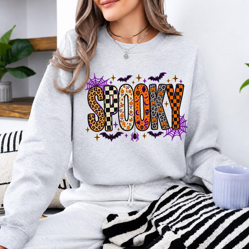 Retro Spooky Season Sweatshirt, Cute Leopard Plaid Pumpkin, Fall Halloween Graphic Gift for Women