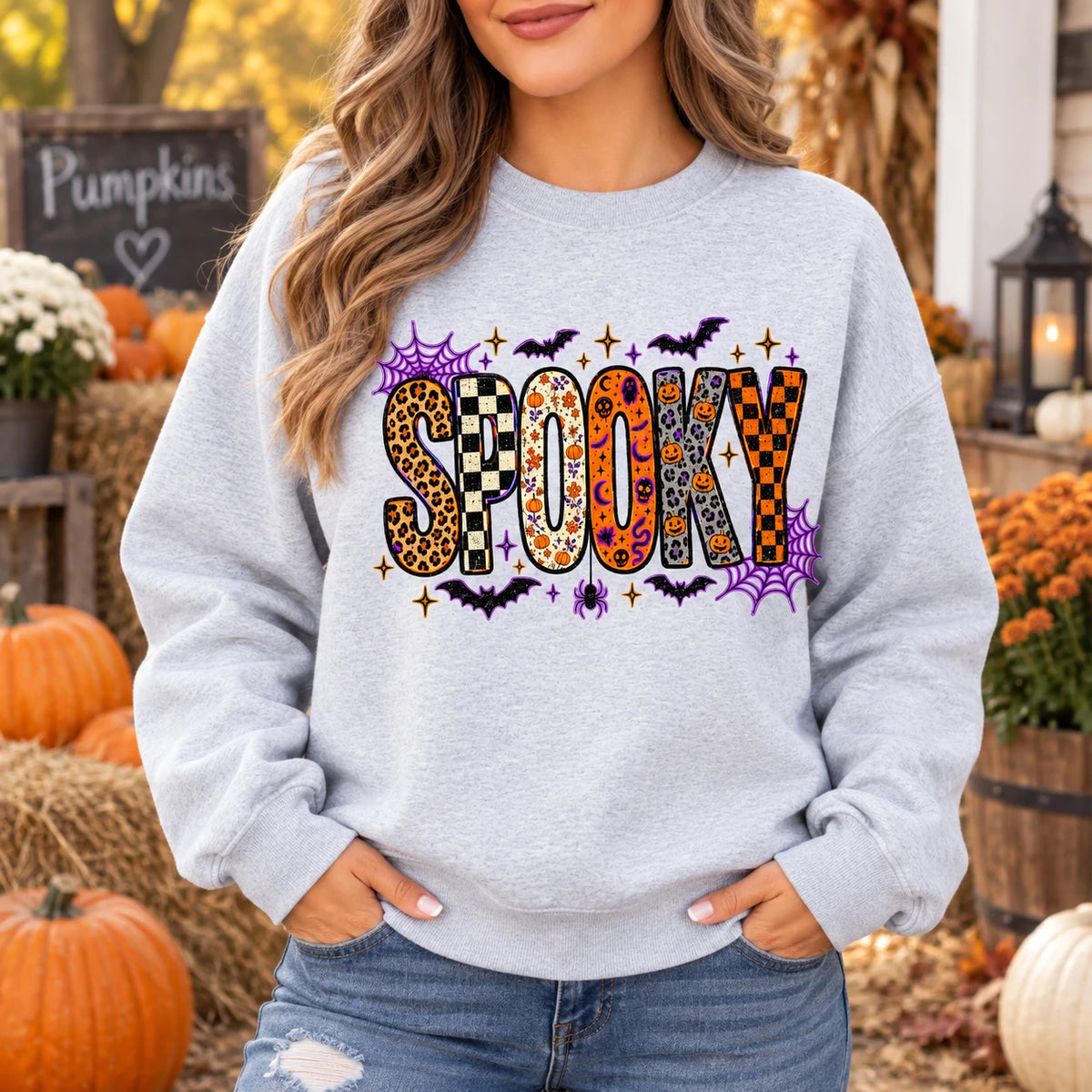 Retro Spooky Season Sweatshirt, Cute Leopard Plaid Pumpkin, Fall Halloween Graphic Gift for Women