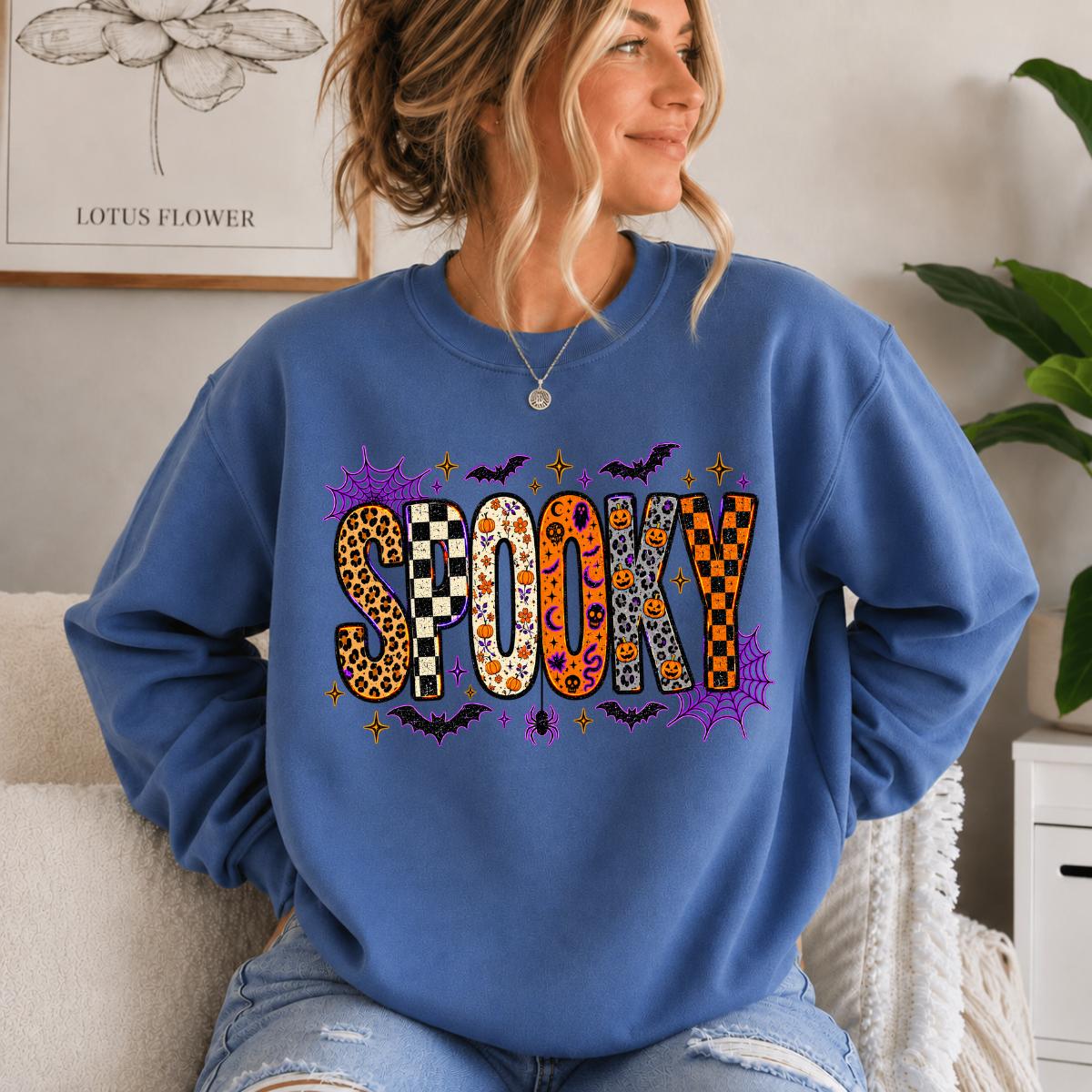 Retro Spooky Season Sweatshirt, Cute Leopard Plaid Pumpkin, Fall Halloween Graphic Gift for Women