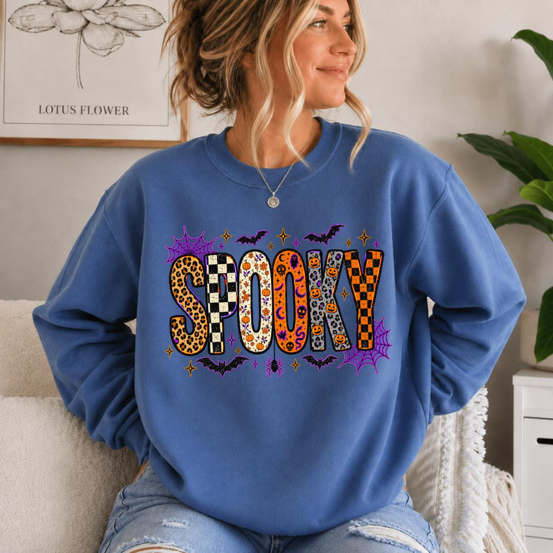 Retro Spooky Season Sweatshirt, Cute Leopard Plaid Pumpkin, Fall Halloween Graphic Gift for Women